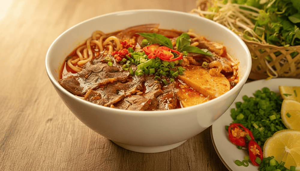 Bun bo Hue Ngu Binh features authentic thick noodles with plentiful toppings, including tender, fragrant beef shank and rich knuckles that are incredibly satisfying